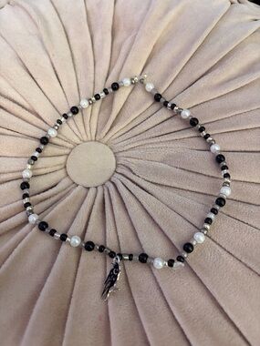 Black and White Beaded Pearl Charm Chocker Necklace - Stretchable (no clasp)